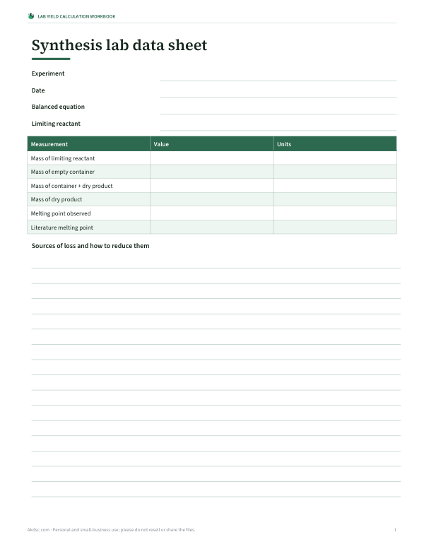 Preview of Printable Percent Yield Lab Data Sheet
